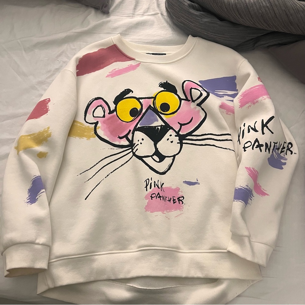 pink panther white crewneck sweater top sweatshirt